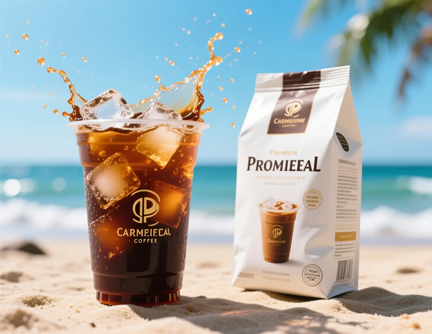 An iced coffee ad visual with splashing cold brew on a sunny beach background.